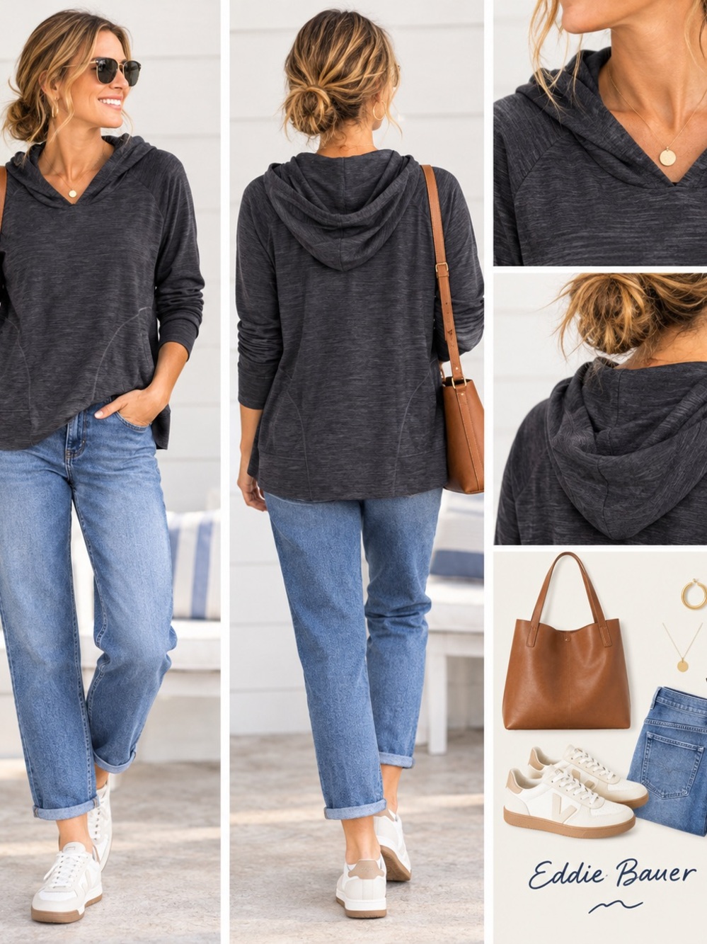 Eddie Bauer Charcoal V-Neck Hooded Pullover